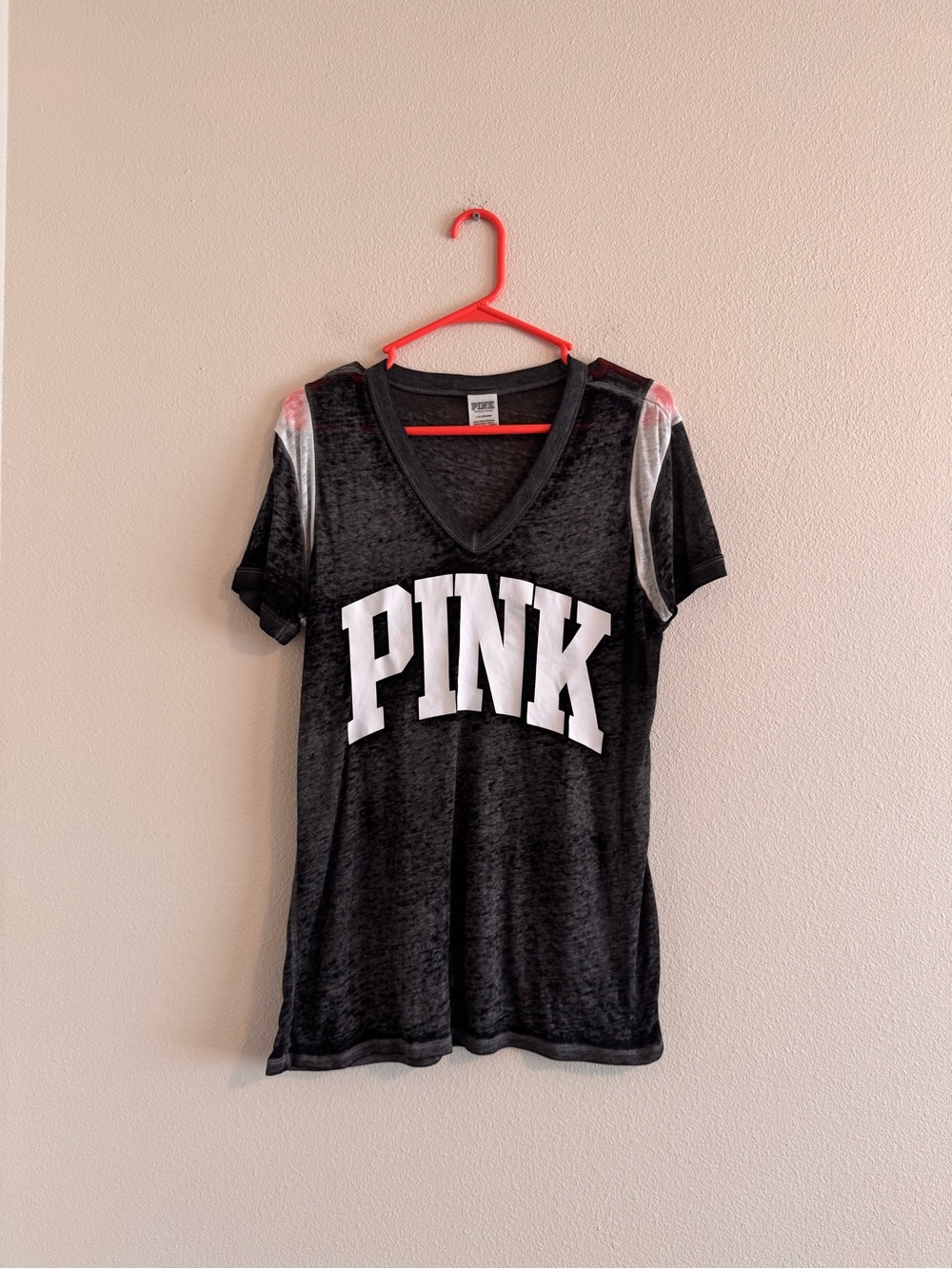 PINK Victoria's Secret Black V-Neck Logo Tee with See through Shoulder Panels